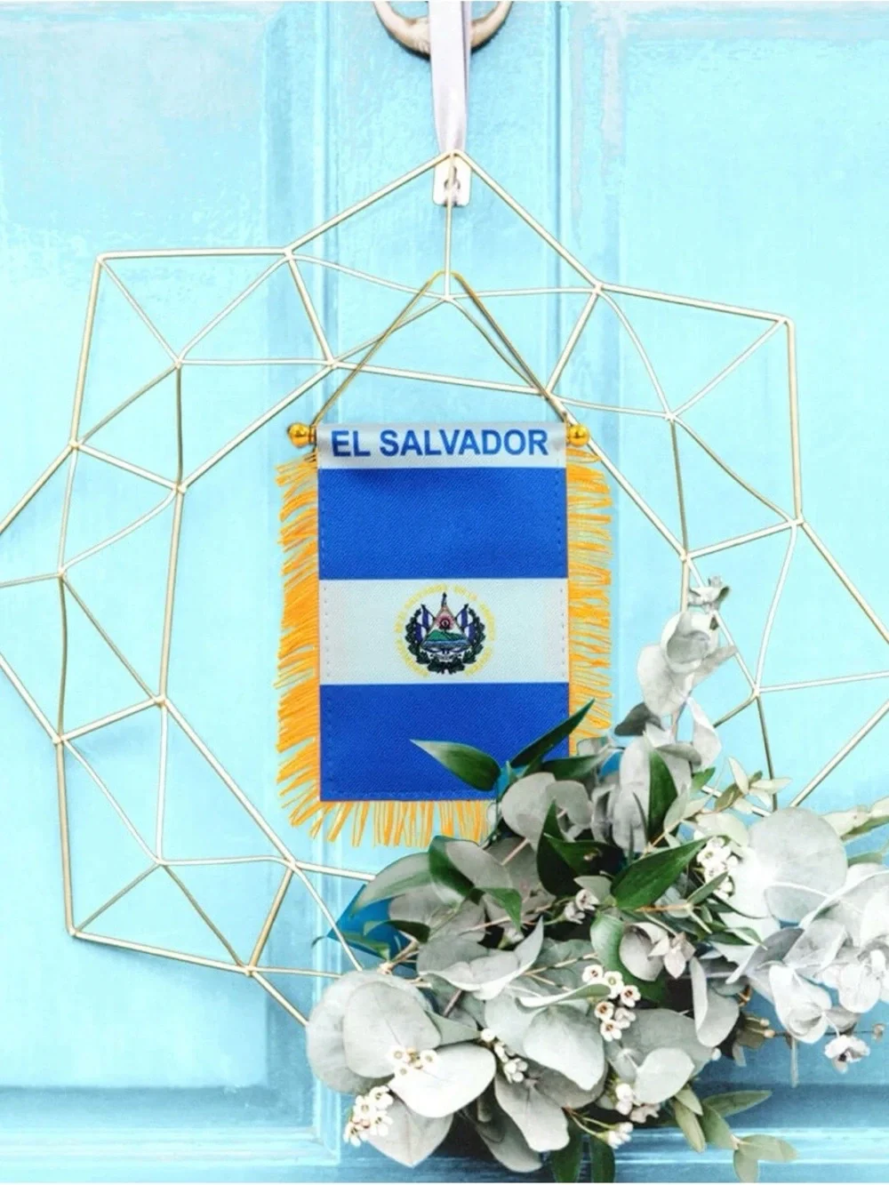 El Salvador Mini Pennant Flag with Gold Fringe - Blue & White (Set of 2)